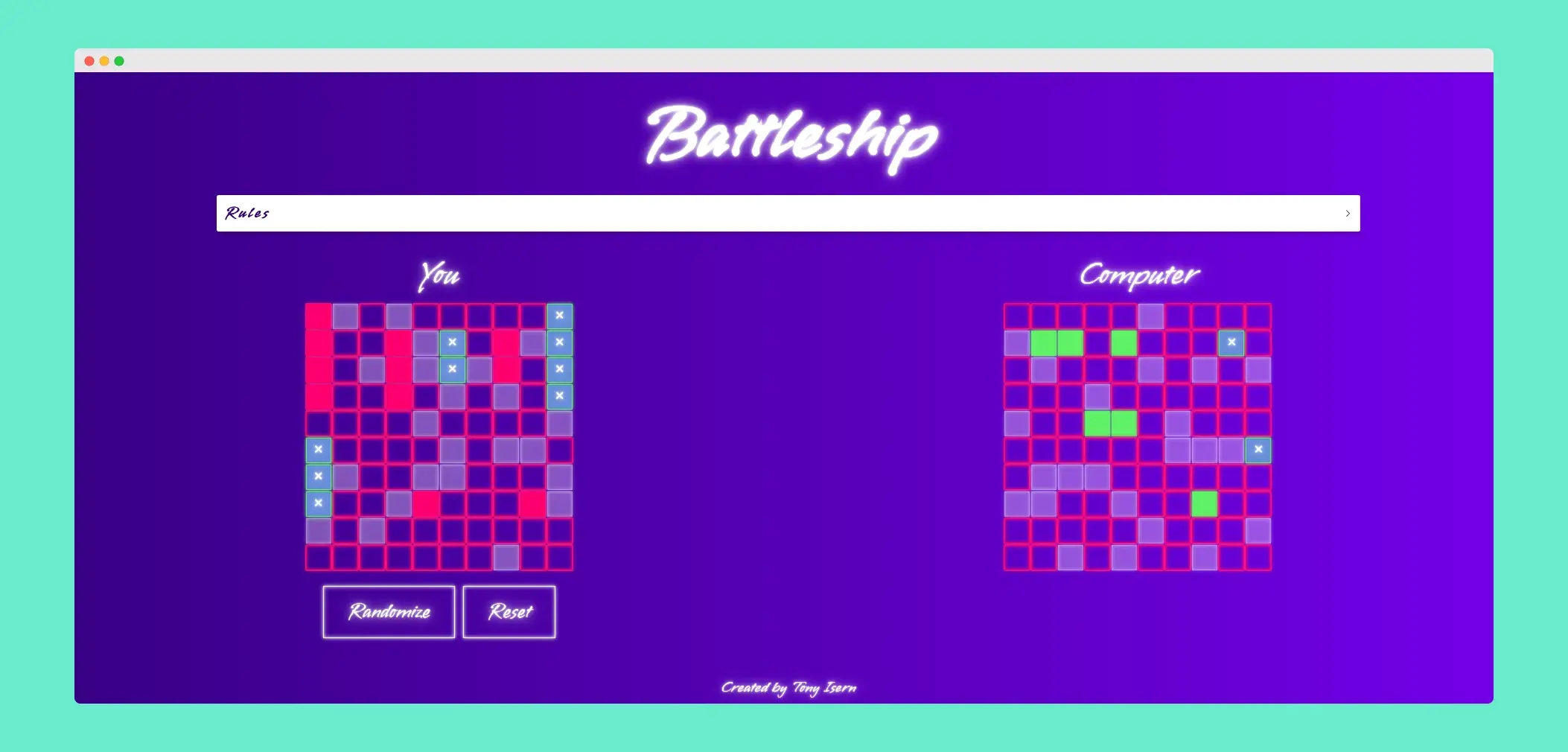 Web-based Battleship game with boards labeled 'You' and 'Computer', showing hits and misses. Two buttons below 'You' board for 'Randomize' and 'Reset'. Credit at bottom right: 'Created by Tony Isern'.