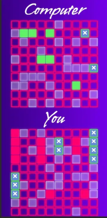 Vertical screenshot showcasing the gameplay interface of the 'Battleship' game. The top half displays a grid titled 'Computer' with some cells highlighted in green (indicating ships) and some marked with an 'X' (indicating missed shots). The bottom half shows a grid labeled 'You' with some cells having ships and others marked with an 'X'.