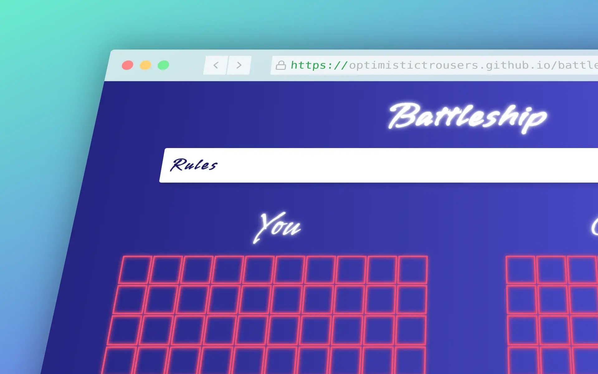 Screenshot of the top portion of a web browser displaying a web-based 'Battleship' game hosted on GitHub. The game's title, 'Battleship', is prominently written in glowing white text against a deep blue background. On the left, there's a 'Rules' button, and below the title, there's an orange grid labeled 'You'.