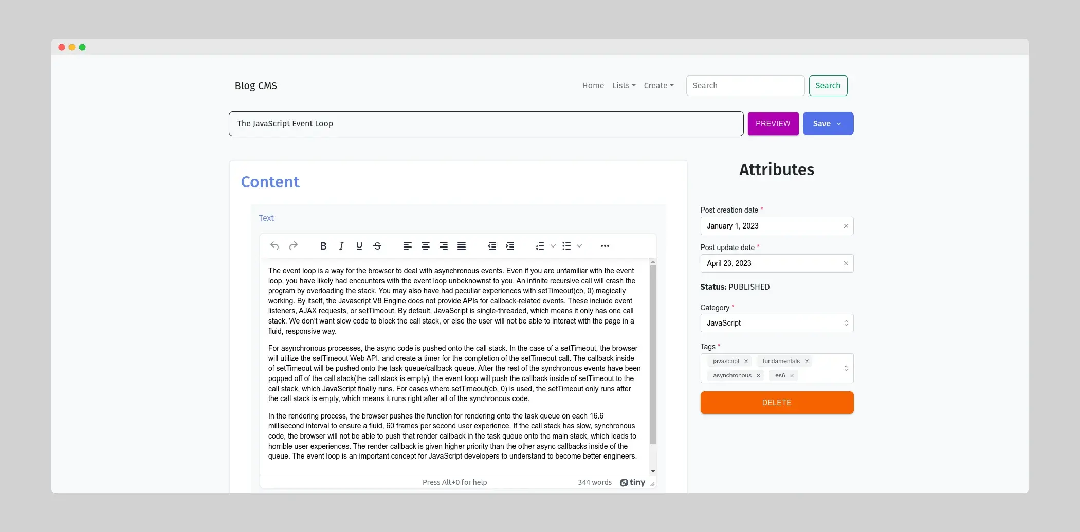 Desktop view of the Blog CMS editing interface displaying details of a post titled 'The JavaScript Event Loop'. The page includes a text editor and attributes section for post details.