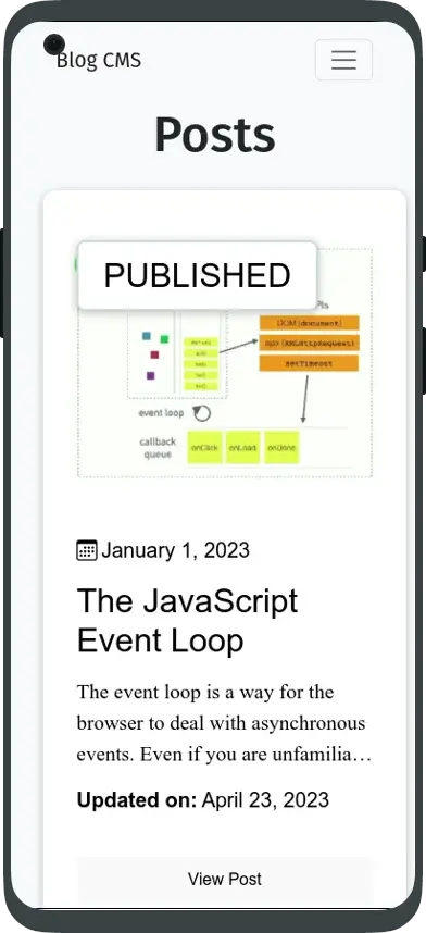 Mobile view of a blog CMS dashboard showcasing a post titled 'The JavaScript Event Loop' with an illustration of the JavaScript event loop process.
