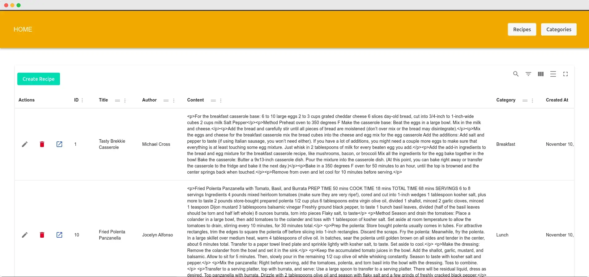 Screenshot of a recipe web application's table page. It has a navigation bar with 'Recipes' and 'Categories' tabs. Below, there's a button labeled 'Create Recipe'. A table displays recipes with columns for actions, ID, title, author, content, category, and creation date. Two recipes are shown: 'Tasty Brekkie Casserole' by Michael Cross in the 'Breakfast' category and 'Fried Polenta Panzanella' by Jocelyn Alfonso in the 'Lunch' category. Both recipes have a brief description and method.