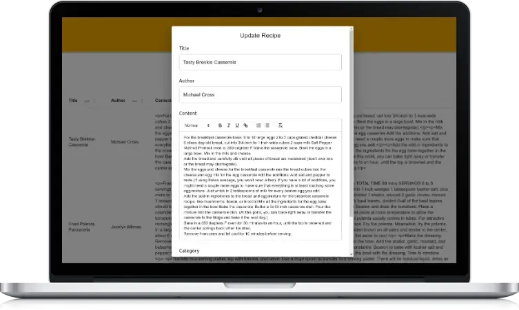 Content editing interface for the 'Tasty Brekkie Casserole' recipe, displaying fields for title, author, and the main content with formatting tools. The detailed recipe instructions are visible in the content area.