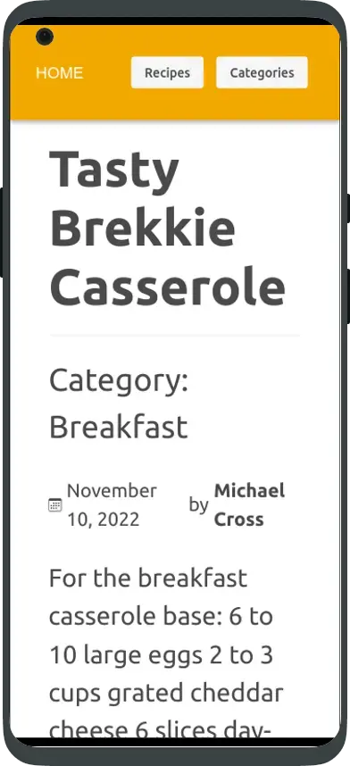 Mobile view of a recipe titled 'Tasty Brekkie Casserole' under the breakfast category, authored by Michael Cross, with a list of ingredients for the casserole base.