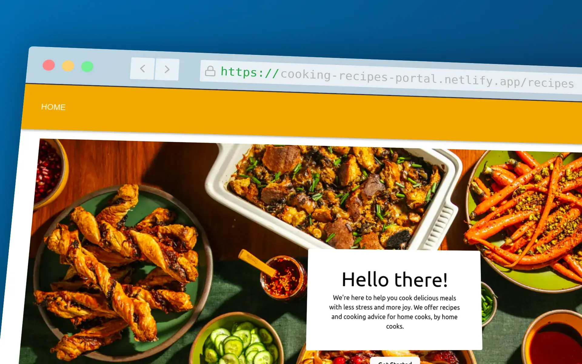 Homepage of the 'Cooking Recipes Portal' website with vibrant images of various dishes, including chicken wings, roasted vegetables, and a greeting message promoting home cooking.