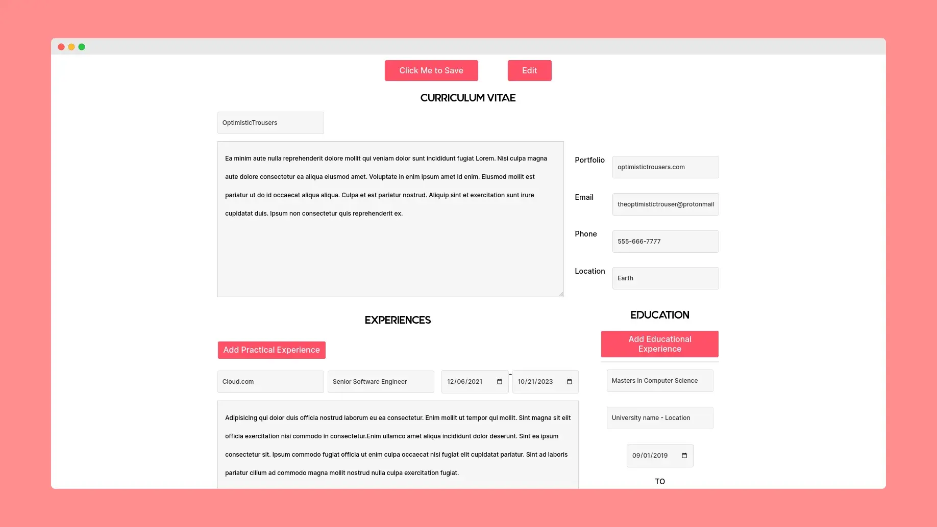 A web interface for a 'Curriculum Vitae' with sections for personal details, experiences, and education. It features editable fields with placeholder data.