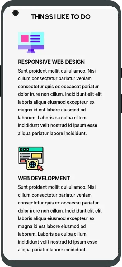 Mobile interface displaying a section titled 'Things I Like To Do' with two entries: 'Responsive Web Design' and 'Web Development', each accompanied by an icon and lorem ipsum description.
