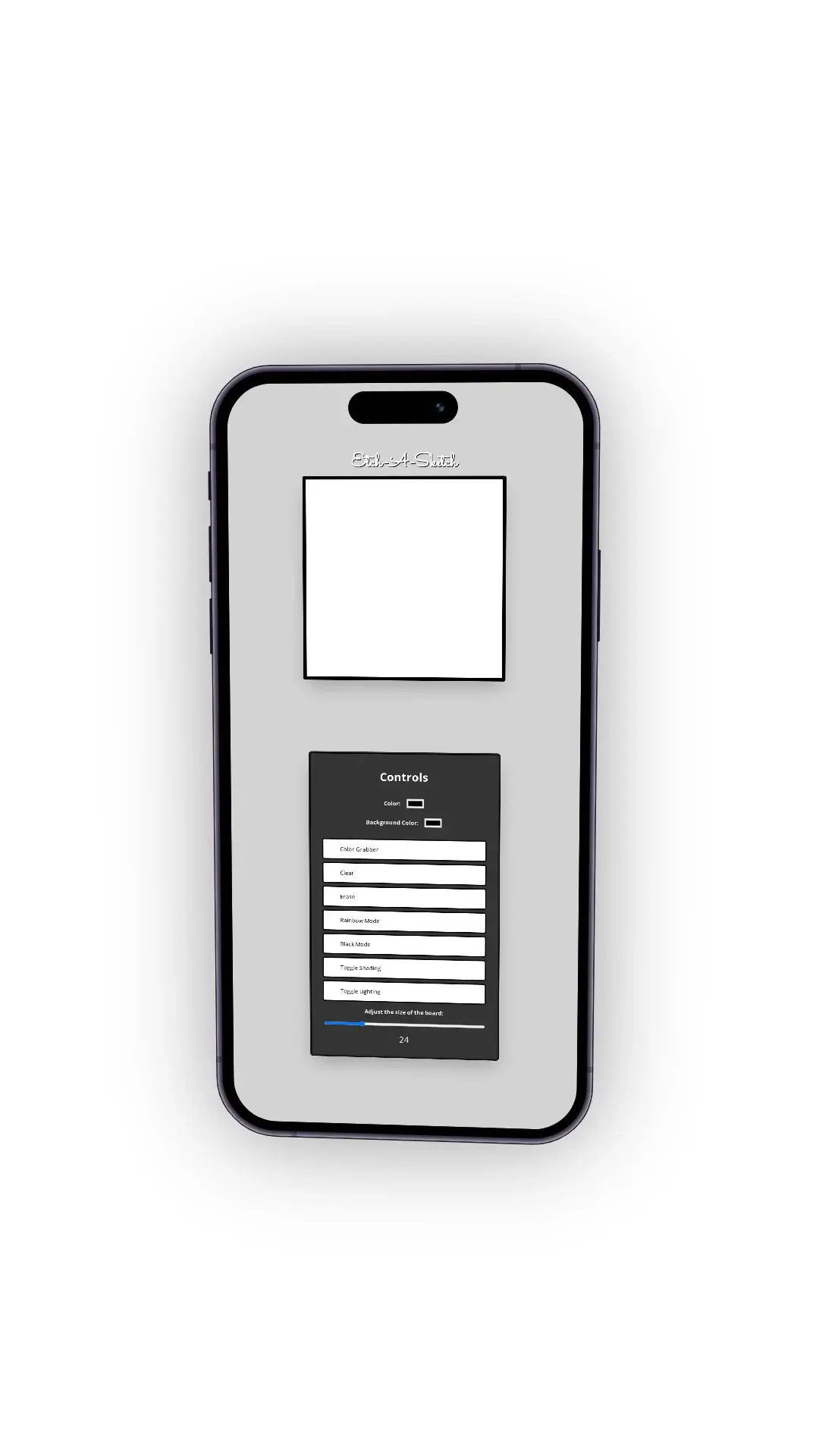Mockup of a smartphone displaying the 'Etch-A-Sketch' application. The top section has a blank drawing area, while the bottom section features a control panel with buttons for color, background color, and various modes. A slider to adjust the board's size is also present.