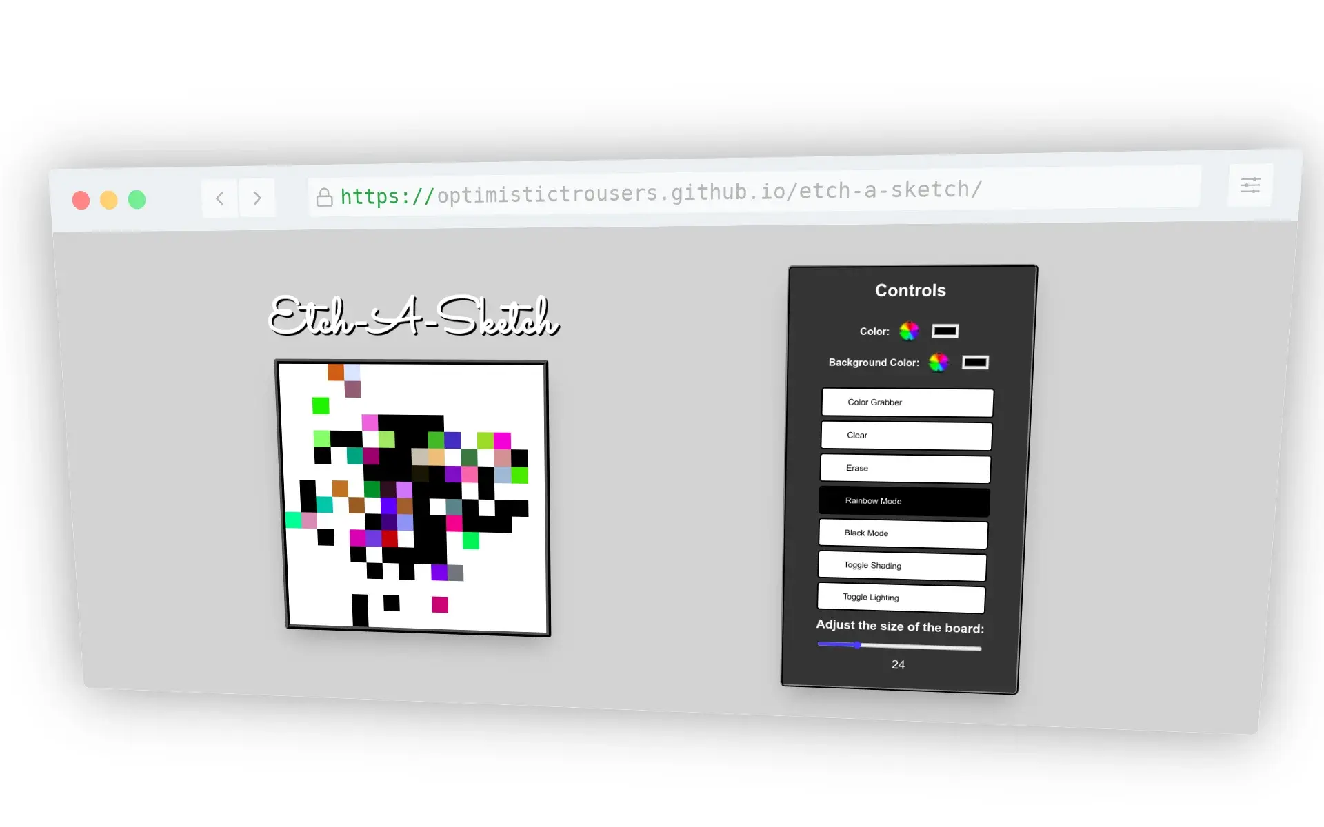 Screenshot of an 'Etch-A-Sketch' web application opened in a browser. The main section shows a pixelated multi-colored drawing. On the right, there's a control panel with various options including color selection, background color, and modes like 'Rainbow' and 'Black'. The URL in the browser indicates the website is hosted on GitHub.