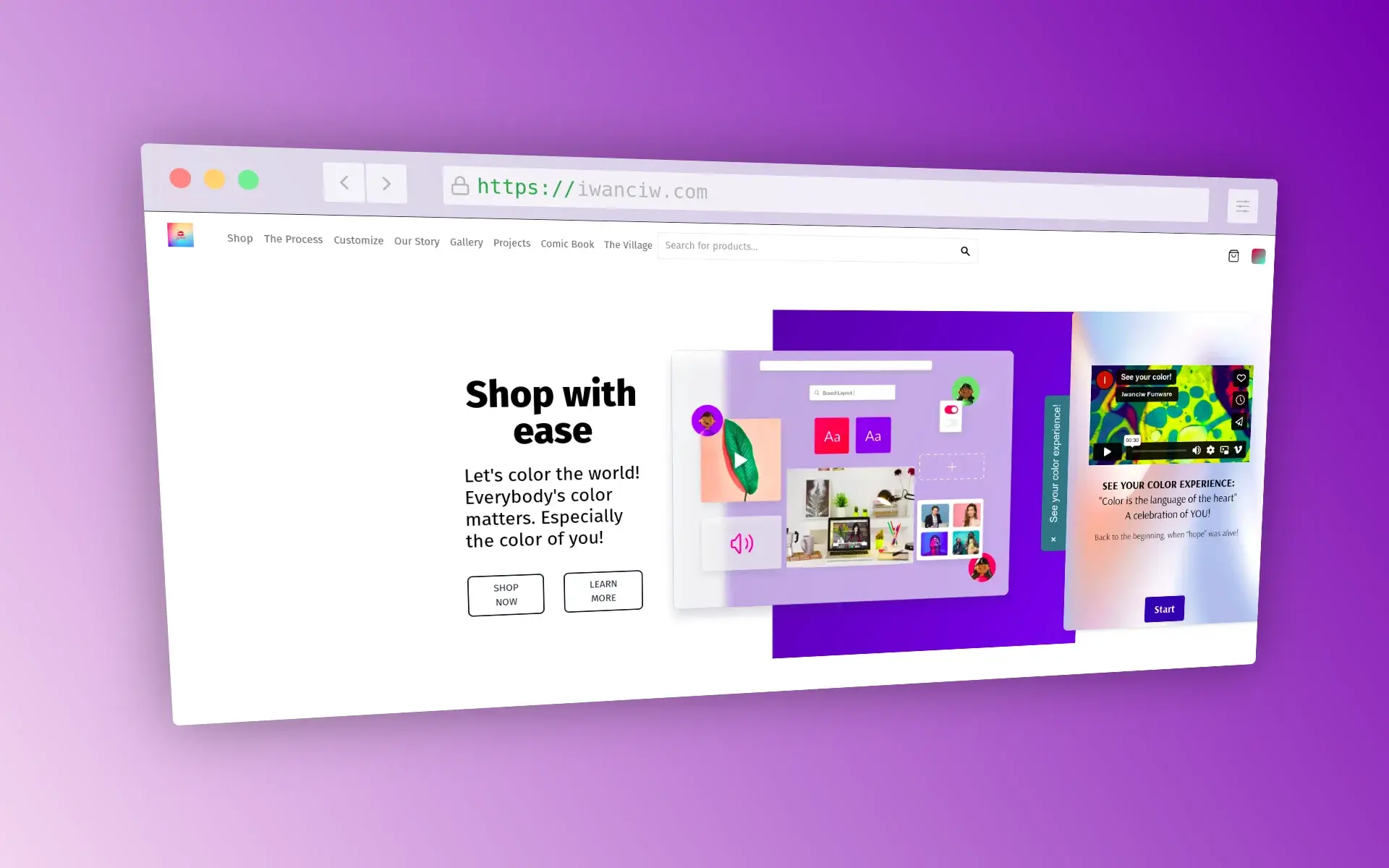 Screenshot of a colorful e-commerce website homepage featuring sections titled 'Shop with ease' and 'See your color experience'. The page showcases various color customization options, a video preview, and call-to-action buttons.