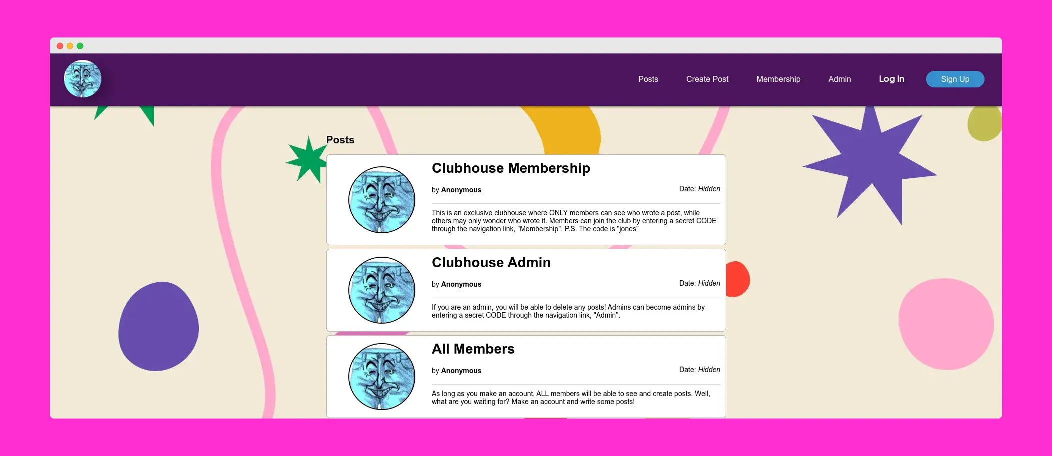 A mobile device screen displaying posts including one titled 'Welcome to Clubhouse'. The site promises 'the best, most innovative social messaging experience'. Options to 'Sign Up', 'Log In', and 'View Posts' are visible. The site has a purple header