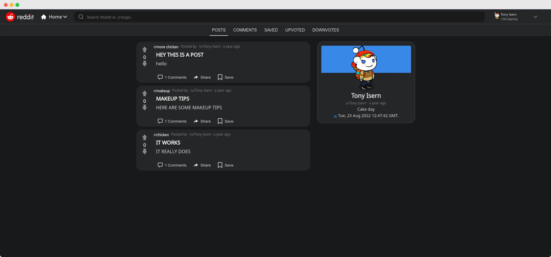 A screenshot of a Reddit profile page. The top bar displays the Reddit logo and search bar. The right side of the page features a profile picture of an animated character with a Santa hat, labeled 'Tony Isern'. Below the profile picture, there is information indicating that the user joined 'a year ago' and their cake day is 'Tue, 23 Aug 2022 12:47:42 GMT'. The left side showcases three Reddit posts made by the user 'Tony Isern' in different subreddits titled 'r/more chicken', 'r/makeup', and 'r/chicken' with respective post titles 'HEY THIS IS A POST', 'MAKEUP TIPS', and 'IT WORKS'
