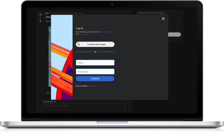 A desktop monitor displaying a login popup on the Reddit clone site. It offers options to continue with Google or to enter an email and password.