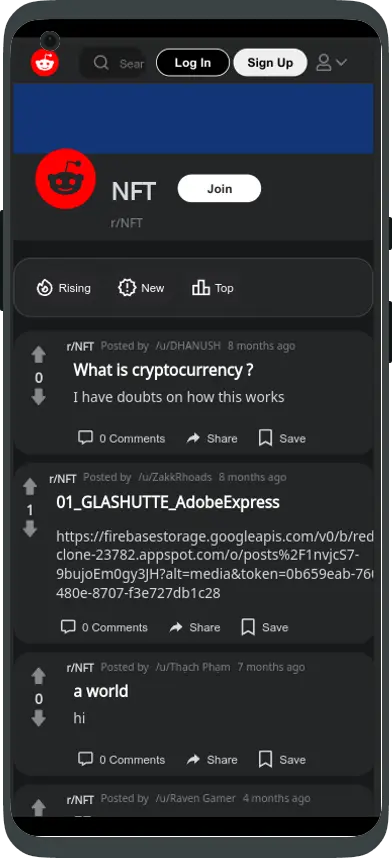 Mobile view of the Reddit clone showing the NFT community. Posts include questions about cryptocurrency and an NFT titled '01_GLASHUTTE_AdobeExpress'.