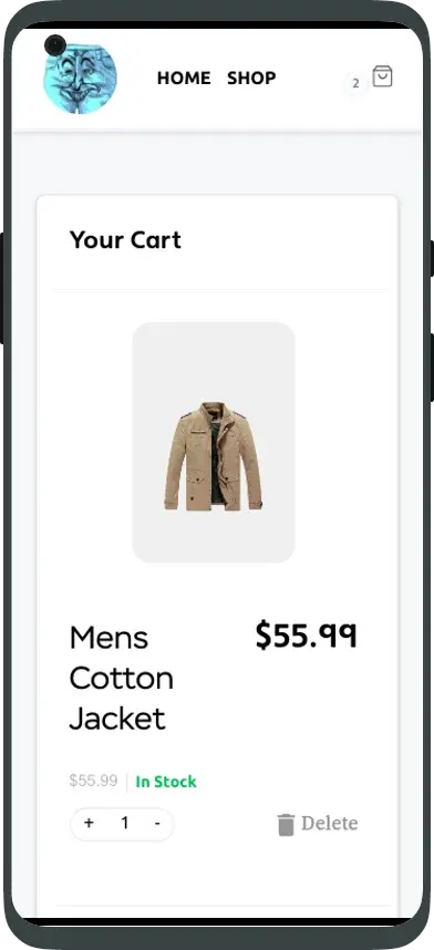 Mobile view of 'The Optimistic Store' cart page with a men's cotton jacket priced at $55.99.
