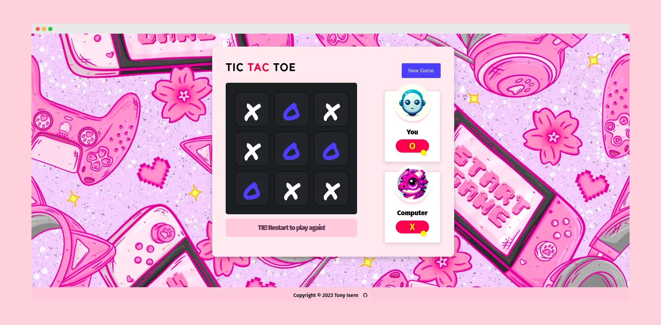 Vibrant Tic Tac Toe web interface set against a pink gaming-themed background. Player avatars and game moves are displayed, with a copyright notice for '2023 Tony Isern'.