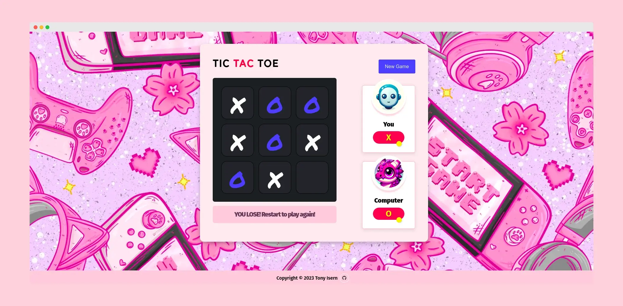 Vibrant Tic Tac Toe web interface set against a pink gaming-themed background. Player avatars and game moves are displayed, with a copyright notice for '2023 Tony Isern'.