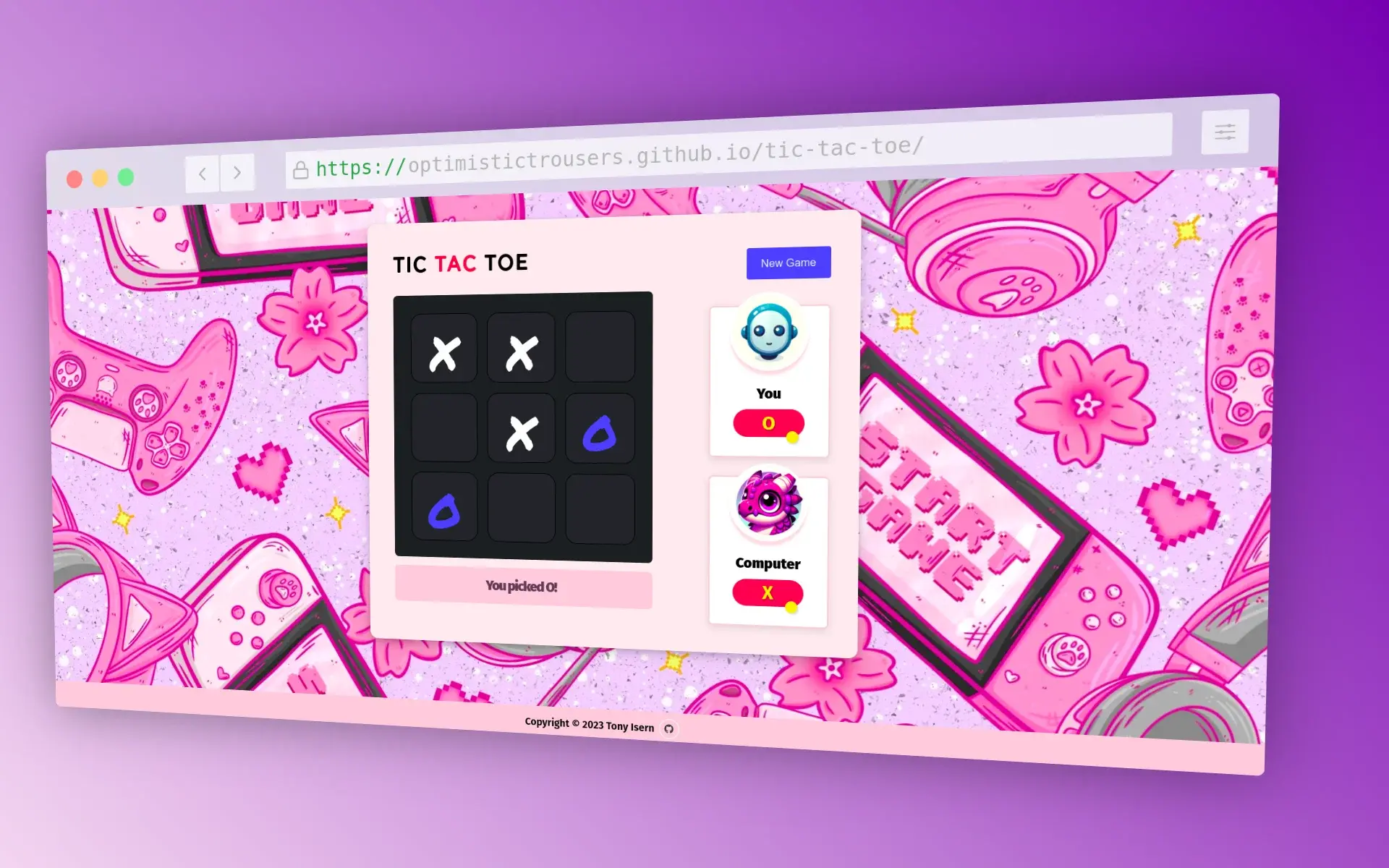 A vibrant web browser interface showcasing a Tic Tac Toe game on a pink background with playful illustrations of game controllers, consoles, and related elements. The game board displays a few moves with 'X' and water drop shapes. On the side, there are avatars for 'You' and the 'Computer', with 'You' having chosen the water drop shape. The URL reads 'https://optimistictrousers.github.io/tic-tac-toe/' and the copyright at the bottom mentions '2023 Tony Isern'.