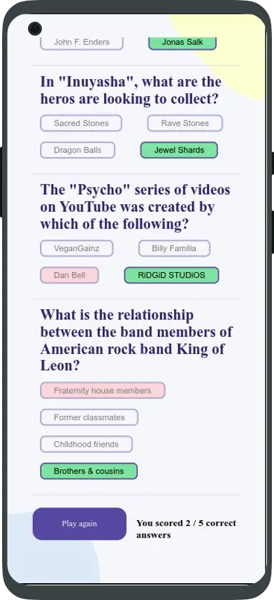 Quiz result page showing four trivia questions with multiple-choice answers. The score displays 'You scored 2/5 correct answers' with a 'Play again' button below.
