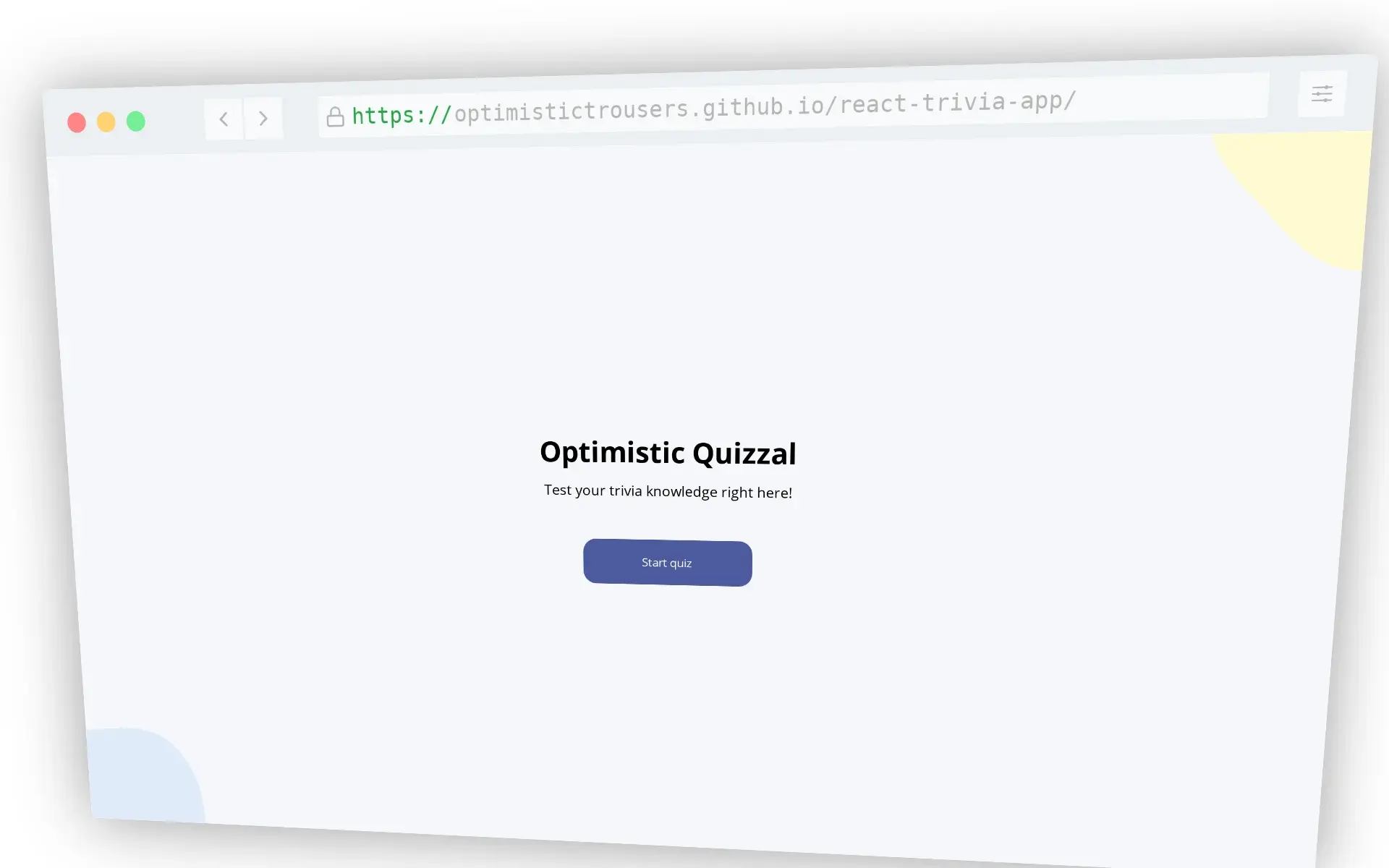 Landing page of 'Optimistic Quizzal' trivia game with a subtitle reading 'Test your trivia knowledge right here!' and a button labeled 'Start quiz'.