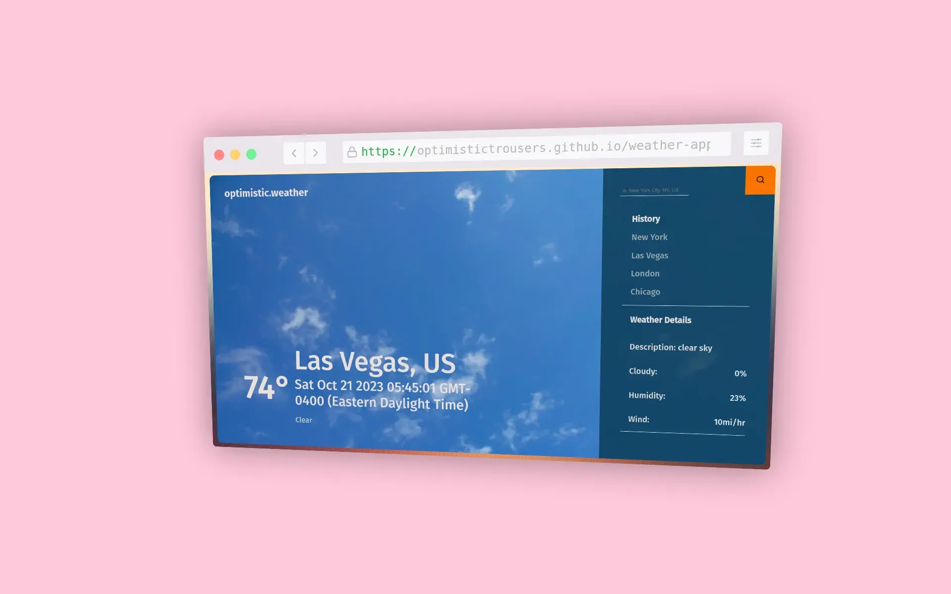 Weather web app displaying current conditions for Las Vegas, US. Features search functionality and recent search history.