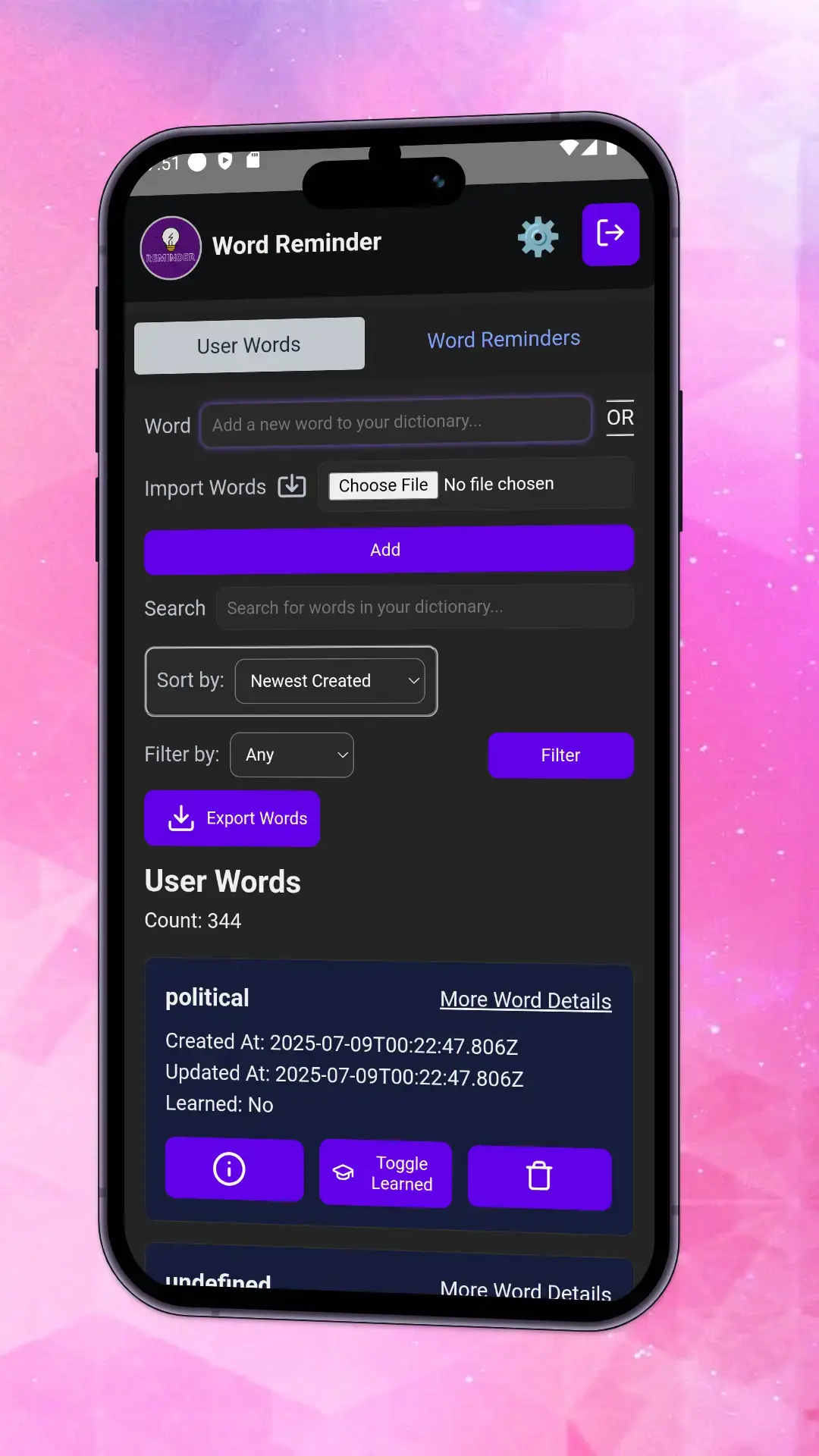 Word Reminder mobile user words page