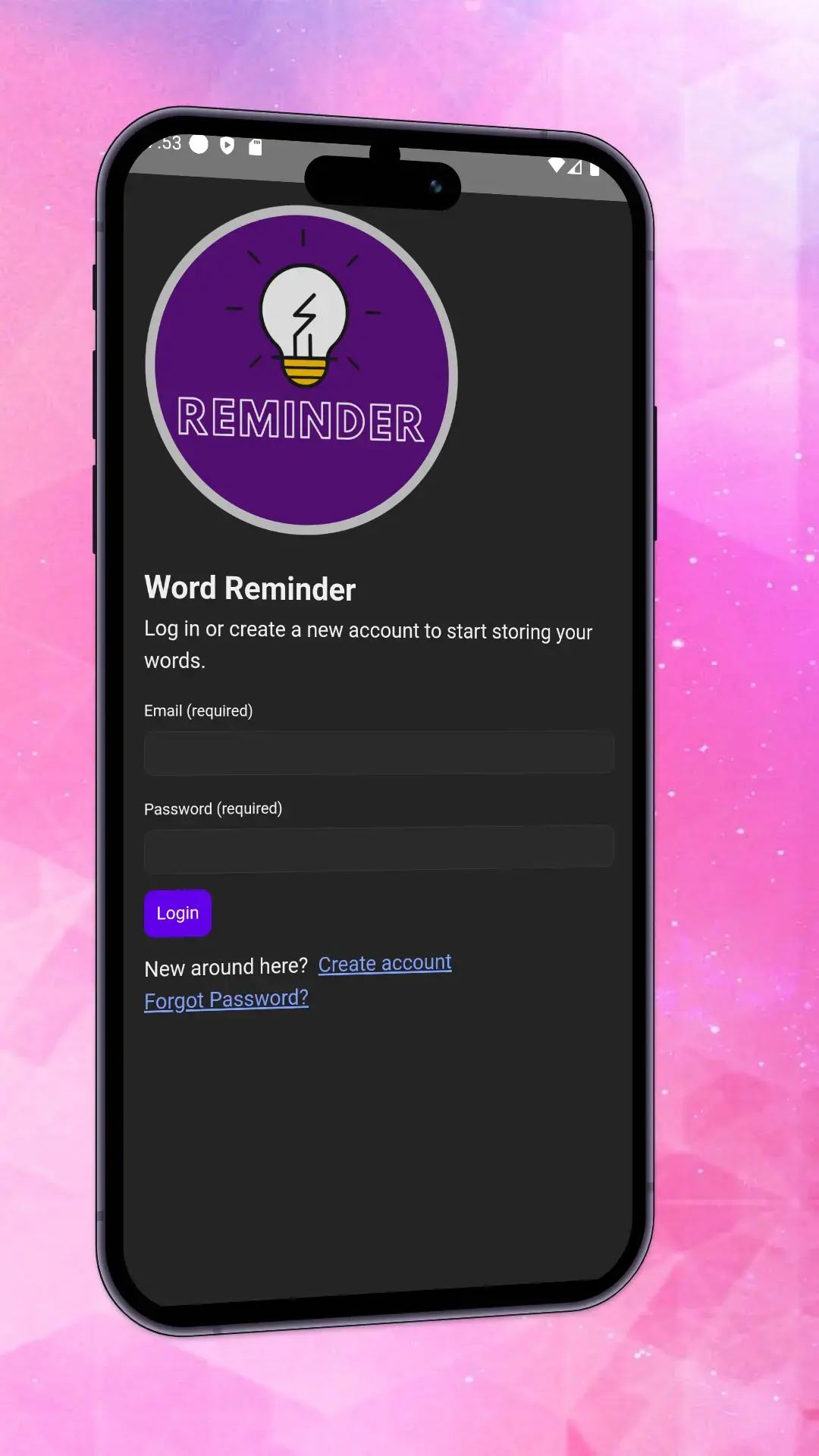 Word Reminder mobile login page