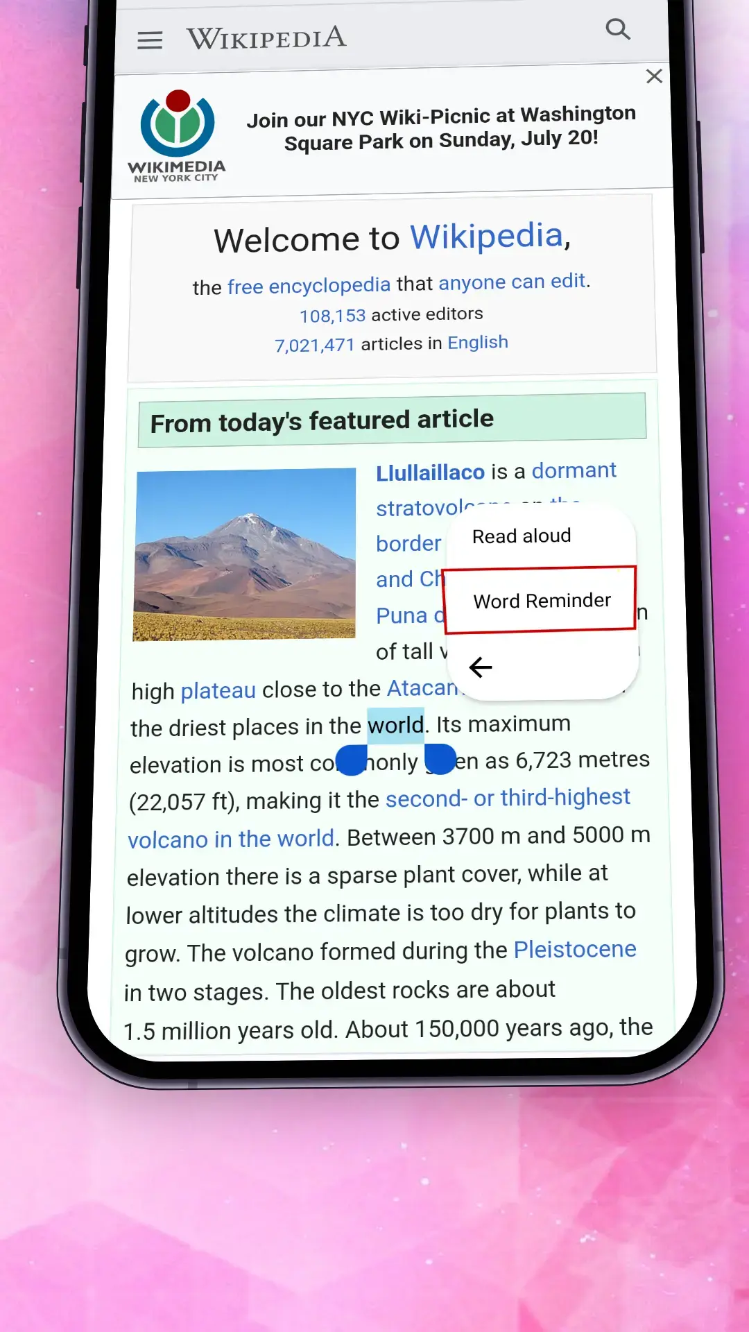 Word Reminder mobile context menu option