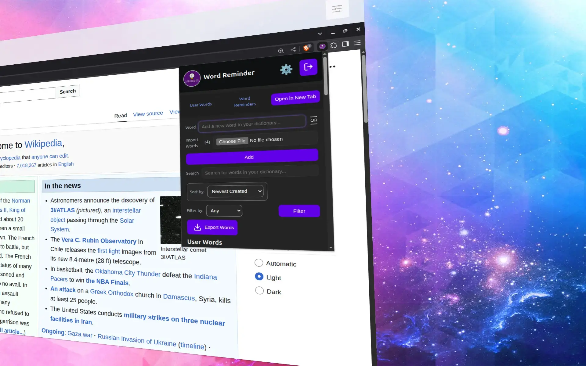 Word Reminder chrome extension user words page