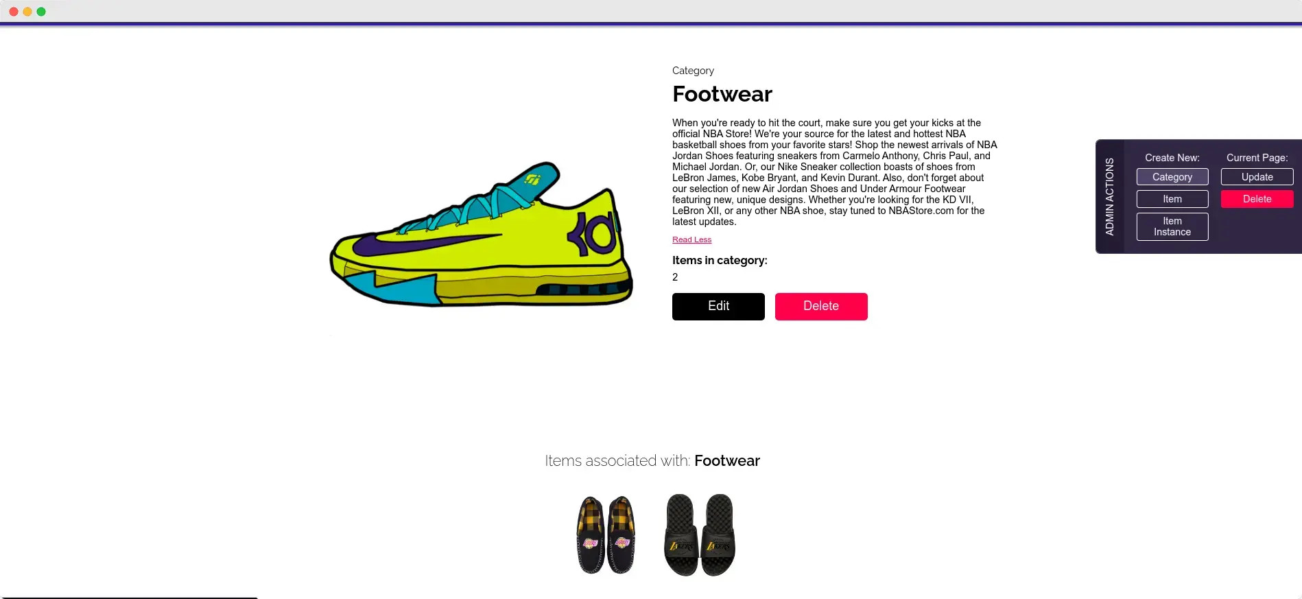 A desktop webpage displaying the 'Footwear' category. A large illustration of a yellow and blue basketball shoe with the 'KD' logo is on the left.