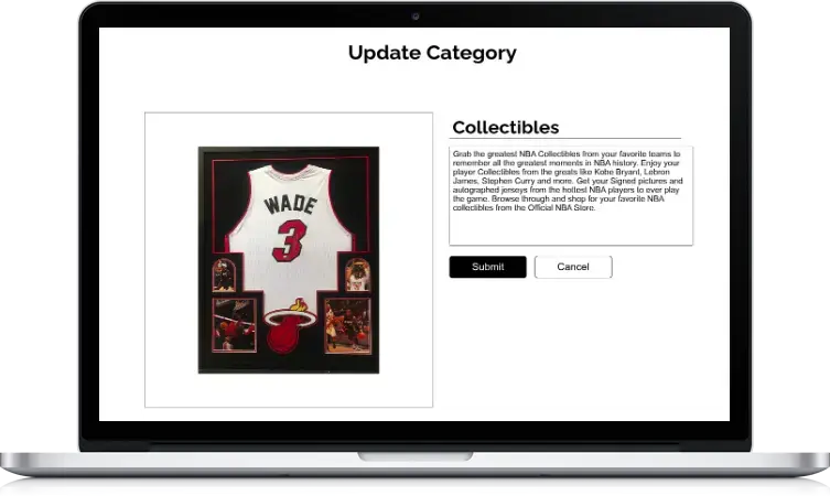 Desktop view of 'Update Category' with a framed collectible jersey of Wade #3 surrounded by pictures. Text describes NBA collectibles available at the official NBA store.