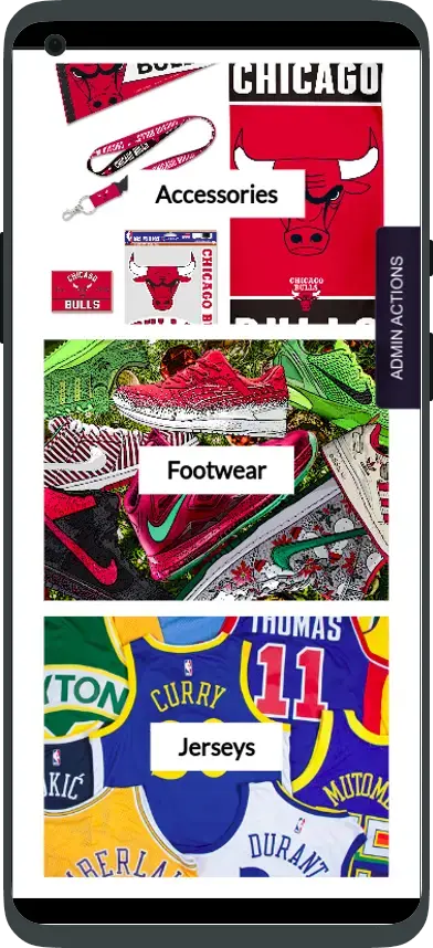 Mobile view displaying categories: Accessories with Chicago Bulls items, Footwear showing various basketball shoes, and Jerseys showcasing different NBA team jerseys.