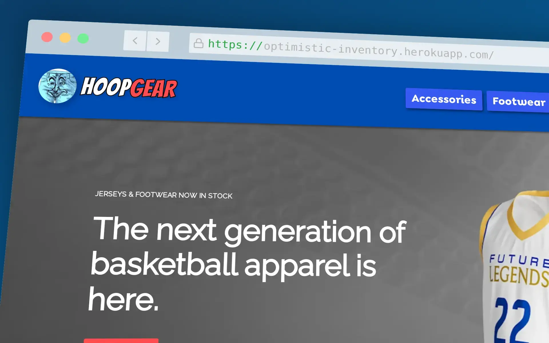 Website header for 'HoopGear' with a smiling trouser logo. Text announces 'The next generation of basketball apparel'. Two buttons labeled 'Accessories' and 'Footwear'.