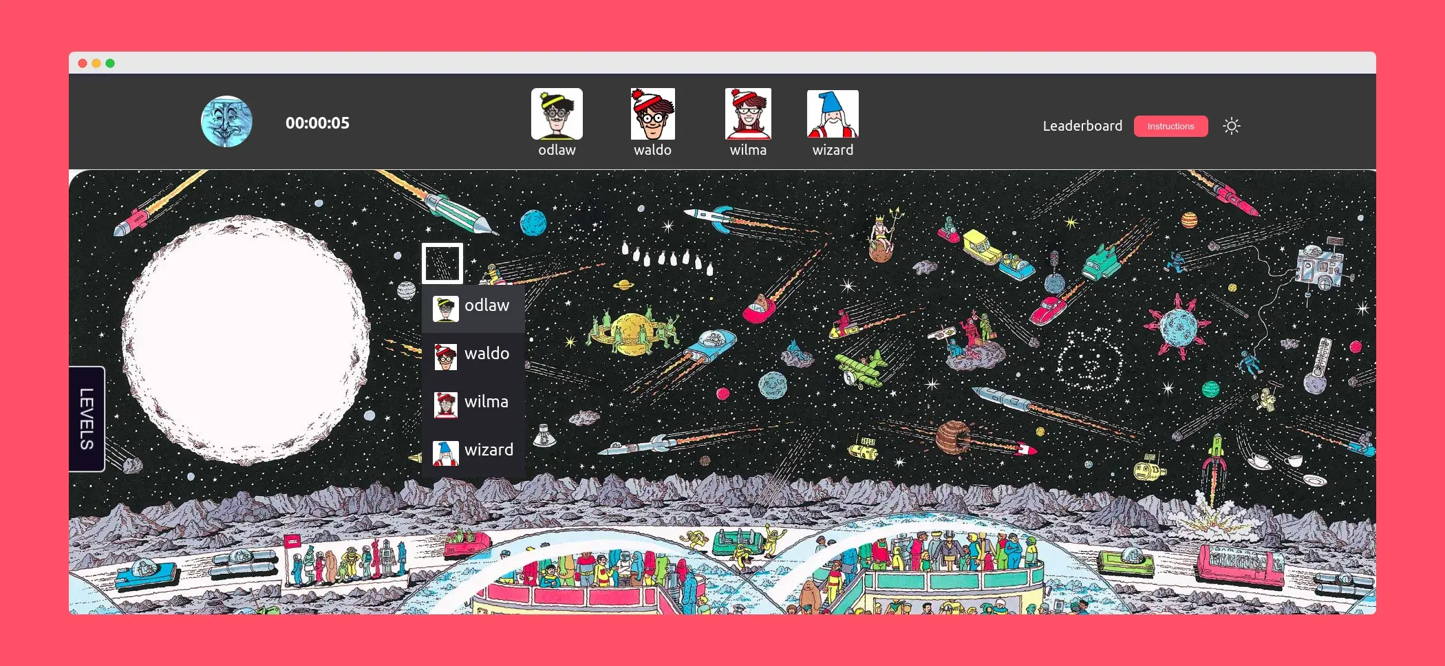 A zoomed-in vertical screenshot of the bottom portion of the mobile version of the 'Where's Waldo?' game. This section displays two level thumbnails: one depicts a festive scene with bright lights and the other, a space-themed scene with planets and spaceships. A purple 'LEVELS' button is seen on the right edge.